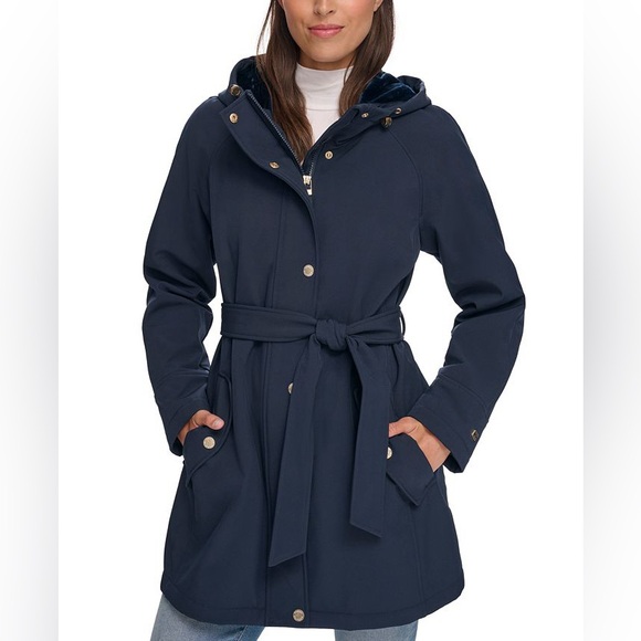 Tommy Hilfiger Women's Hooded Belted Softshell Raincoat in Navy Medium Petite - Picture 1 of 5